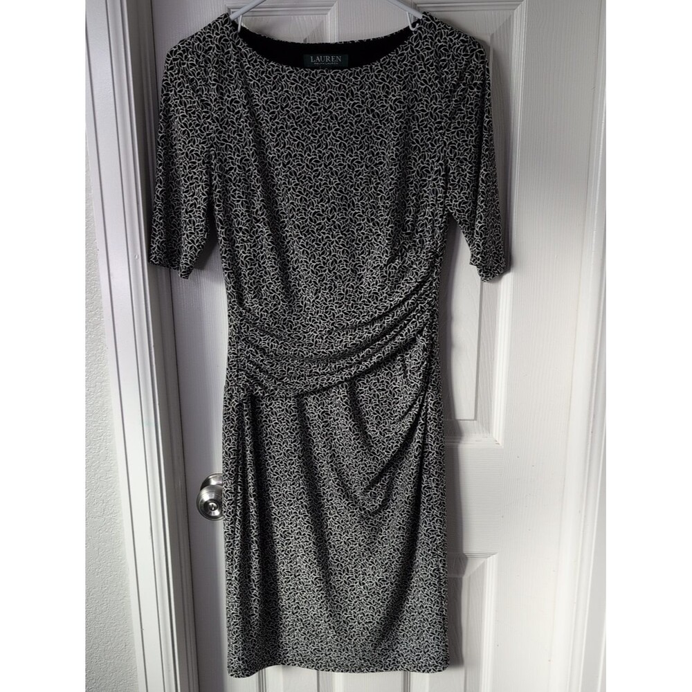 Lauren Ralph Lauren Black and White Printed Ruched Jersey Midi Dress Size 0